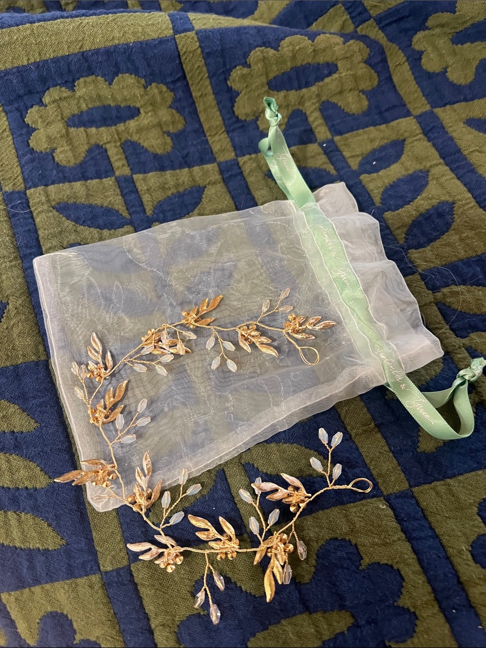Gold Leaf Bridal Hair Vine with Clear Beaded Accents - Unbranded